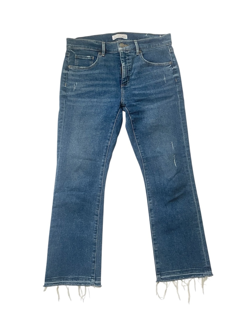 LOFT medium/dark wash flare crop frayed jeans size 28